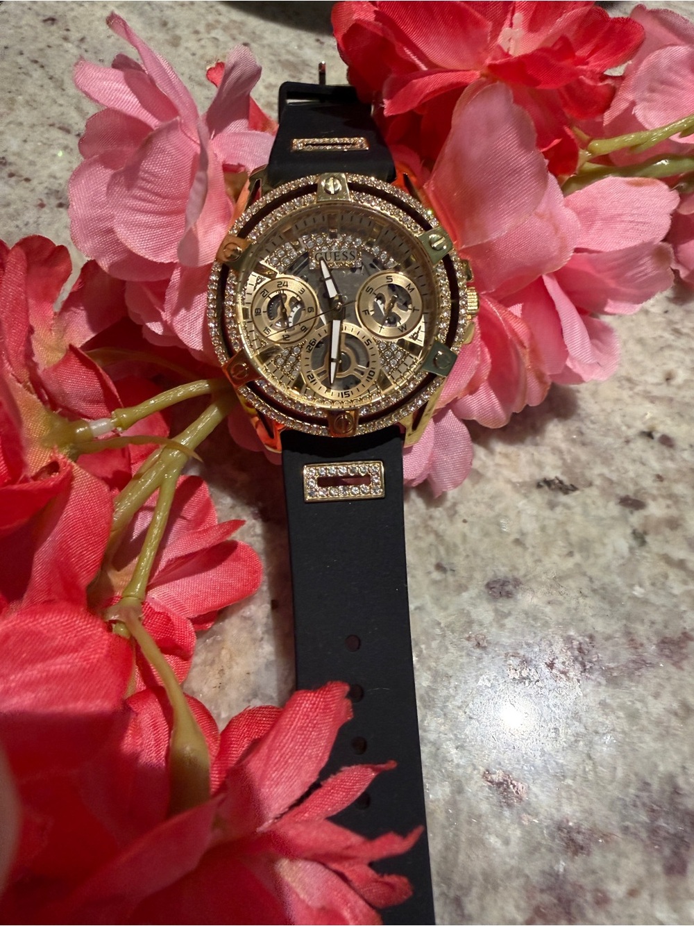 Guess Gold-Tone Chronograph Watch with Black Silicone Strap - Picture 6 of 7